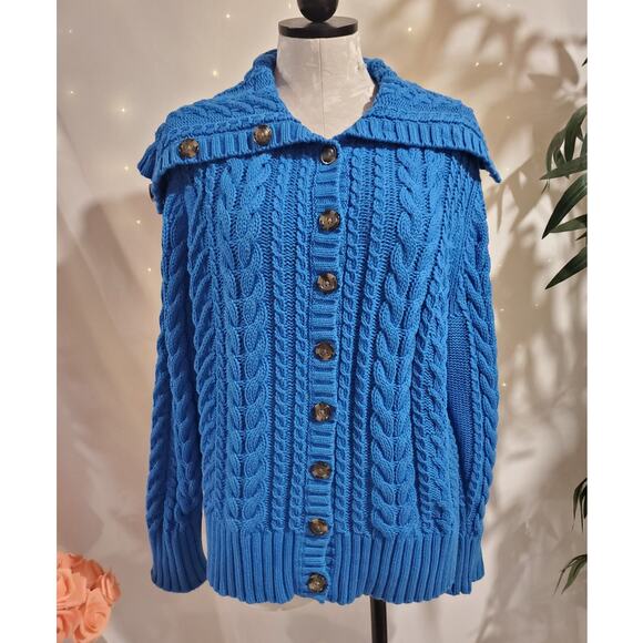 Lands End Womens Fisherman Heavy Button Cable Knit Cardigan Sweater Size XL Blue - Picture 1 of 8
